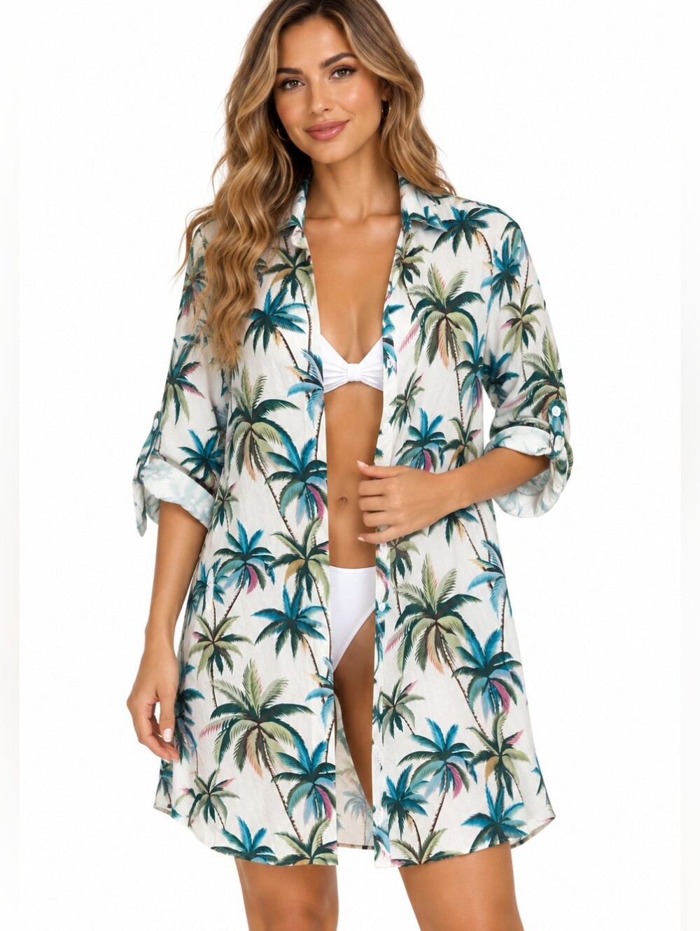 CUPSHE NWT Tropical Palm Print Button Front Beach Cover Up Shirt Dress - SMALL
